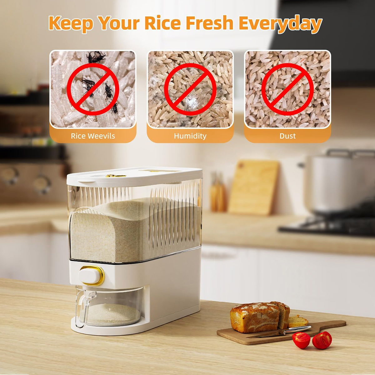 Asnews 5.5/11/22 Lbs Rice Dispenser Storage With Date Tracker & Spice Box, Bpa-Free Clear Rice Holder Dispenser, Cereal Dispenser For Pantry For Rice, Quinoa, Corn, Beans, And Other Small Grains