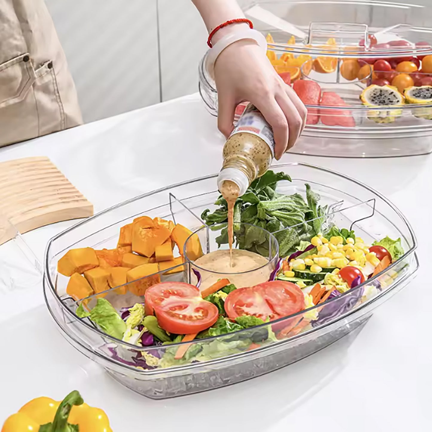 YHIPL 4-Compartment Chilled Serving Tray with Lid – Clear Party Platter for Cold Food, Buffet Server for Fruit, Veggies & Appetizers
