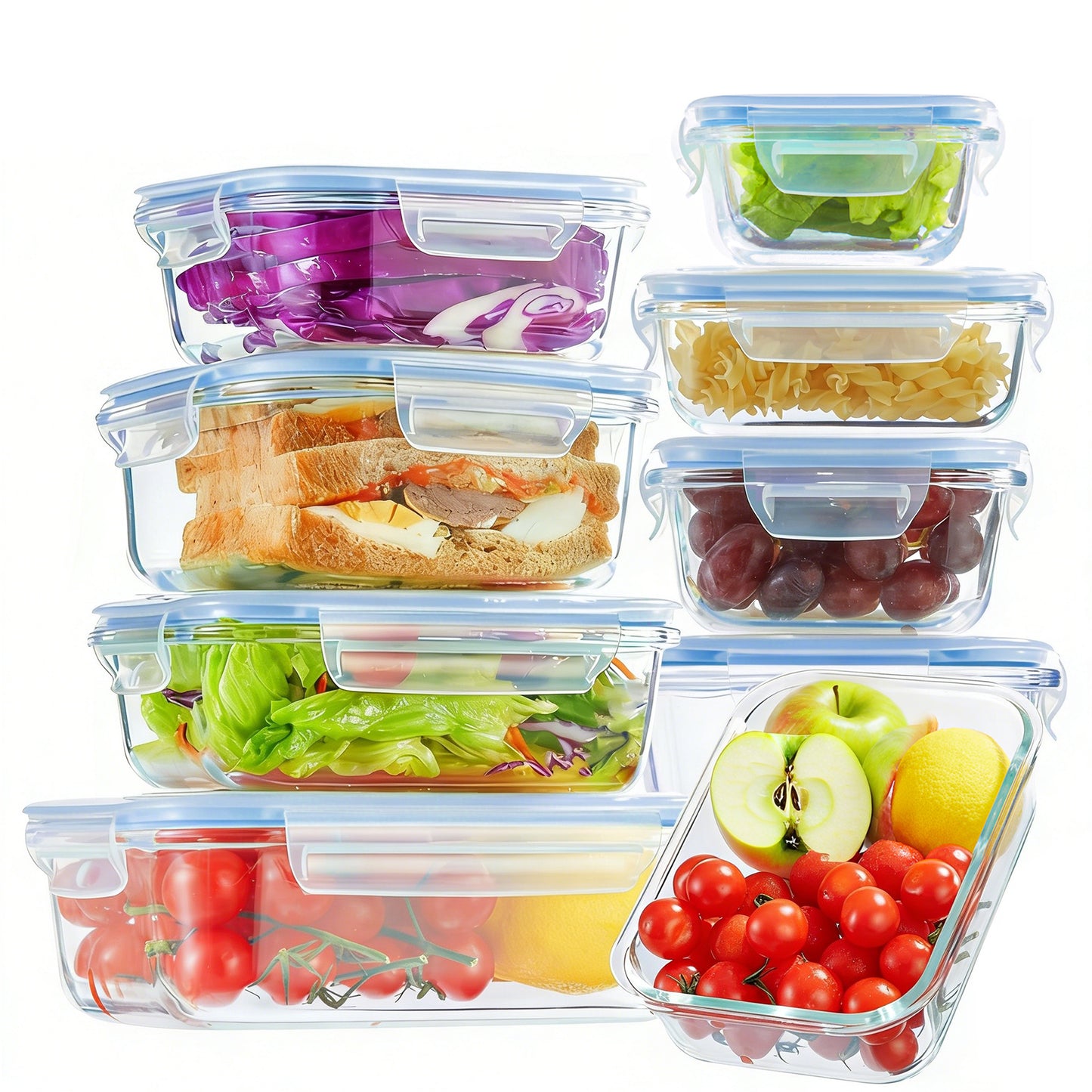 Asnews 8 Pack Glass Food Storage Containers with Lids, Glass Meal Prep Containers, Airtight Leakproof Bento Lunch Boxes, 5oz to 35oz, Microwave Oven Freezer Safe, BPA Free (Blue)