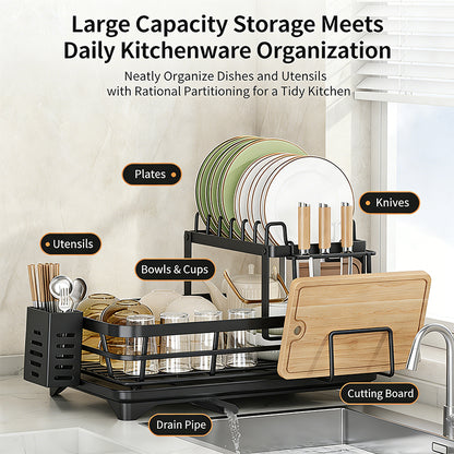 CFQNI 2-Tier Kitchen Dish Drying Rack, Carbon Steel Large Capacity Dish Rack With Cutlery Rack and Cutting Board Slot, Saves Space, Suitable for Kitchen Countertops, Black