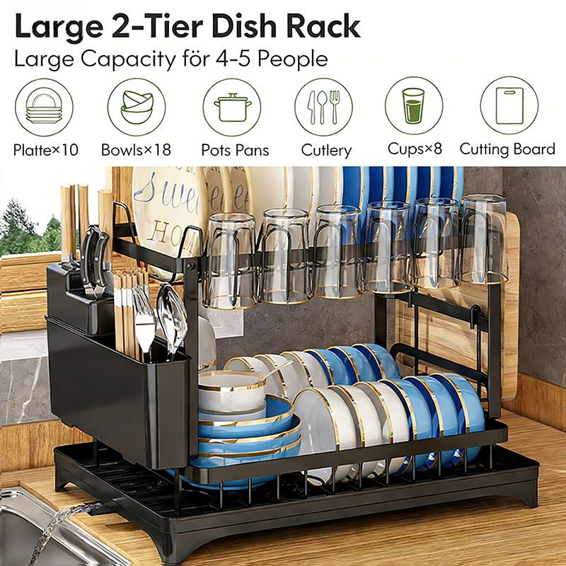 CFQNI 2-Tier Kitchen Dish Drying Rack, Carbon Steel Large Capacity Dish Rack With Cutlery Rack, Cutting Board Sink, and Cup Holder, Saves Space, Suitable for Kitchen Countertops, Black