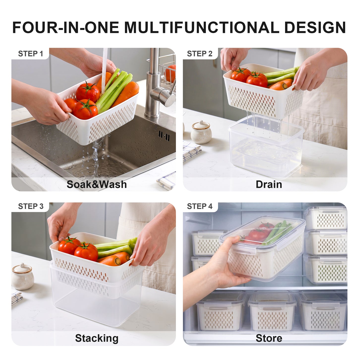 YHIPL 3 Pcs Large Fruit Storage Containers, Airtight Fridge Bins with Removable Colanders, Dishwasher & microwave safe, Clear, 3 Pack (Large)