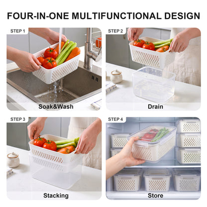 YHIPL 3 Pcs Large Fruit Storage Containers, Airtight Fridge Bins with Removable Colanders, Dishwasher & microwave safe, Clear, 3 Pack (Large)