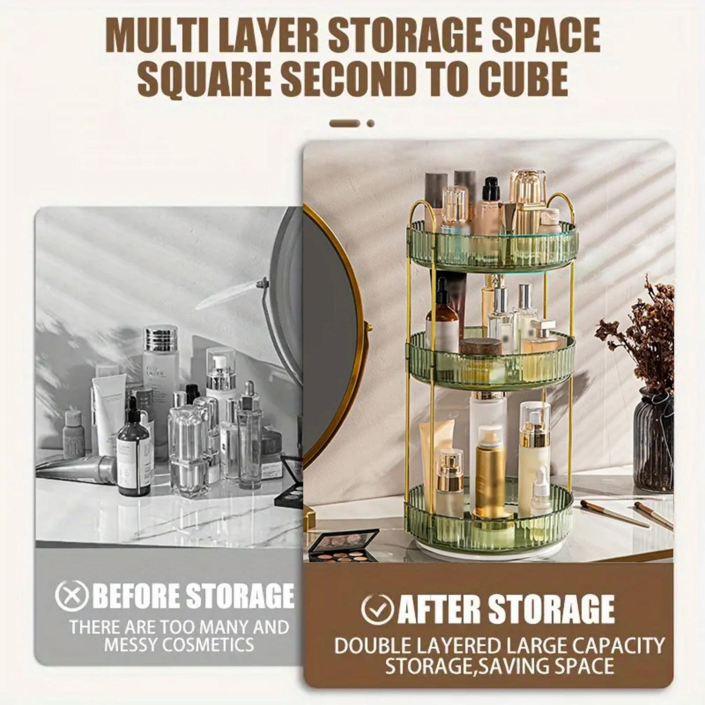 YHIPL 360° Rotating Adjustable Makeup Organizer, with Sturdy Metal Frame