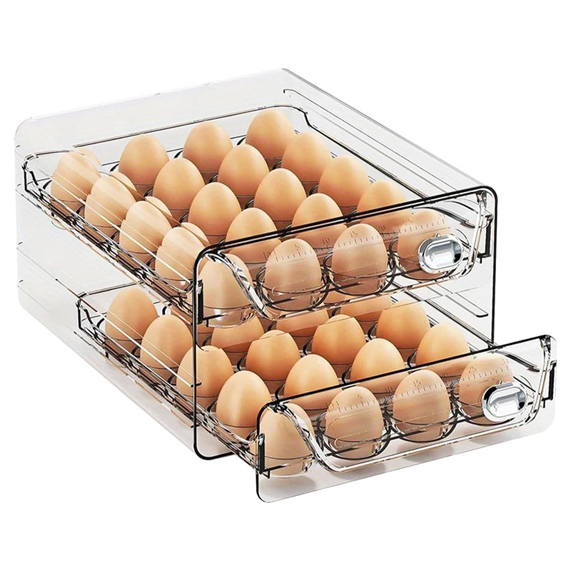 YHIPL Clear Stackable Egg Holder for Fridge – BPA-Free Egg Organizer Tray with Lid, Handles & Rotating Timer