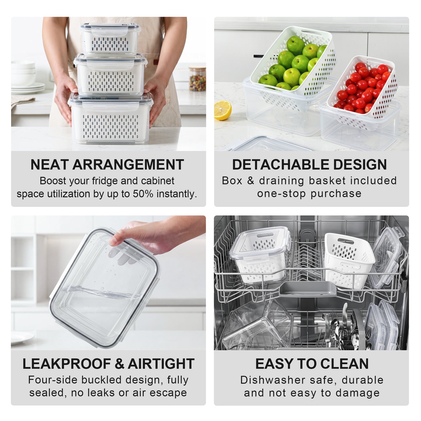 YHIPL 3 Pcs Large Fruit Storage Containers, Airtight Fridge Bins with Removable Colanders, Dishwasher & microwave safe, Clear, 3 Pack (Large)
