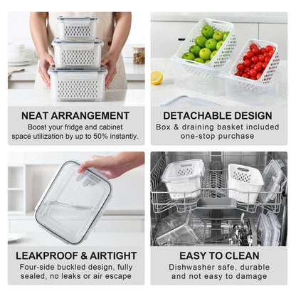 YHIPL 3 Pcs Large Fruit Storage Containers, Airtight Fridge Bins with Removable Colanders, Dishwasher & microwave safe, Clear, 3 Pack (Large)