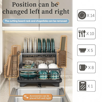 Asnews 2-Tier Kitchen Dish Drying Rack, Stainless Steel Large Capacity Dish Rack With Utensil Holder & Cutting Board Slot, Space-Saving Racks For Kitchen Counter, Black