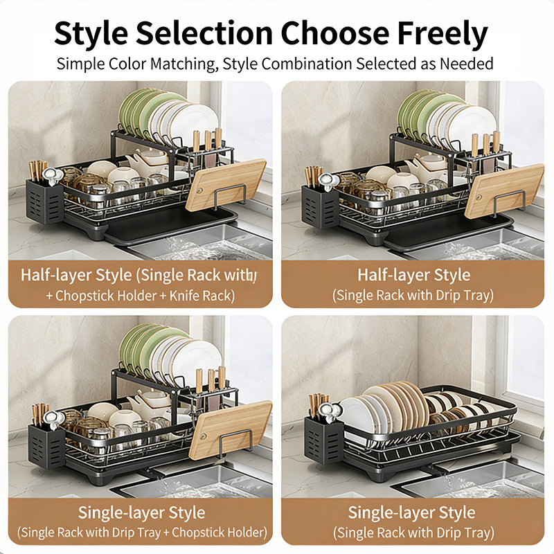 CFQNI 2-Tier Kitchen Dish Drying Rack, Carbon Steel Large Capacity Dish Rack With Cutlery Rack and Cutting Board Slot, Saves Space, Suitable for Kitchen Countertops, Black