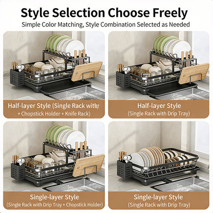 CFQNI 2-Tier Kitchen Dish Drying Rack, Carbon Steel Large Capacity Dish Rack With Cutlery Rack and Cutting Board Slot, Saves Space, Suitable for Kitchen Countertops, Black