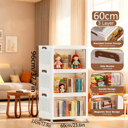 Asnews  Stackable Storage Bins with Lids & Magnetic Doors, Foldable Storage Cabinet with Wheels, Transparent Plastic Storages Drawers for Bedrooms, Living Rooms, and Studies