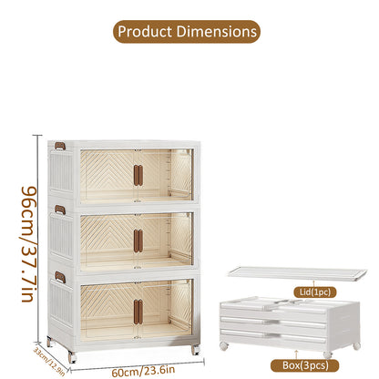 YHIPL Stackable Storage Bins with Lids & Magnetic Doors,  Foldable Storage Cabinet with Wheels, Transparent Plastic Storages Drawers for Bedrooms, Living Rooms, and Studies