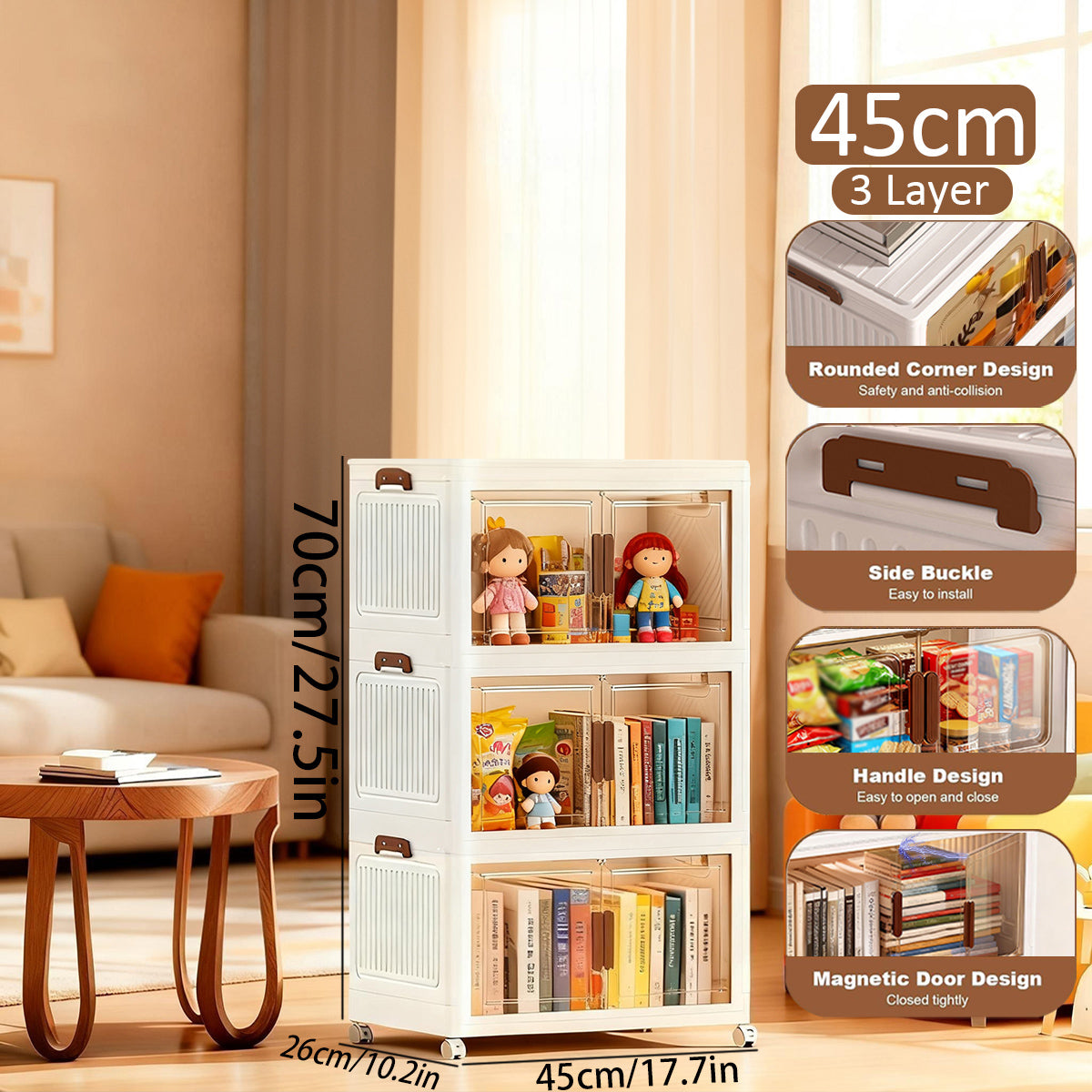 Asnews  Stackable Storage Bins with Lids & Magnetic Doors, Foldable Storage Cabinet with Wheels, Transparent Plastic Storages Drawers for Bedrooms, Living Rooms, and Studies