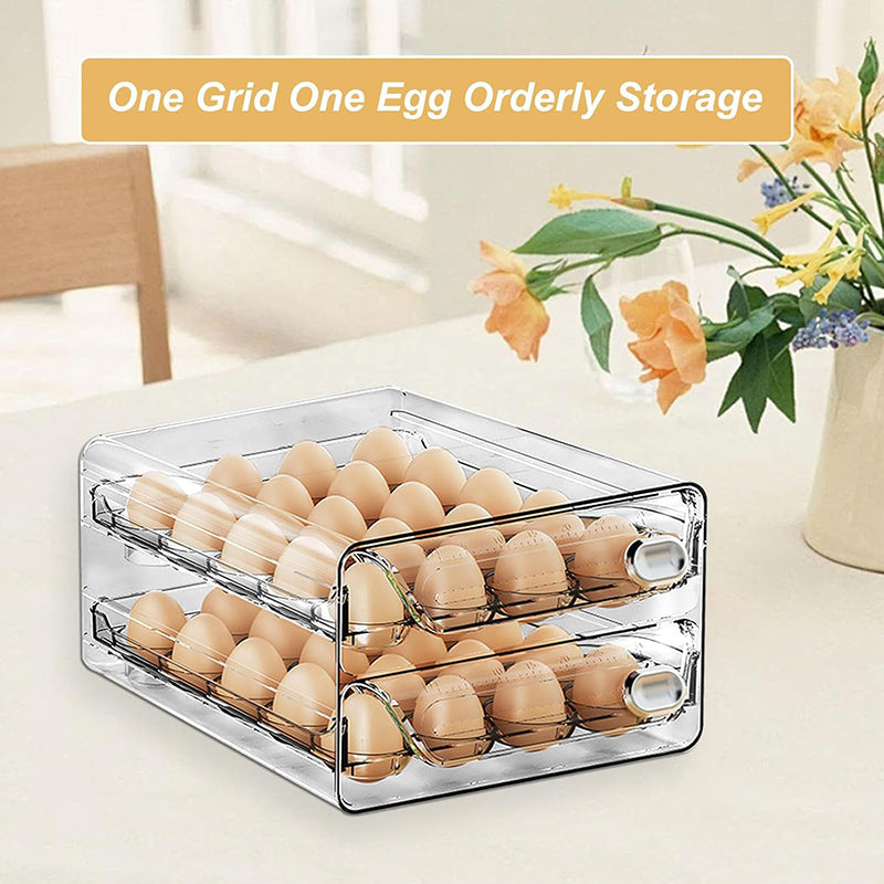 YHIPL Clear Stackable Egg Holder for Fridge – BPA-Free Egg Organizer Tray with Lid, Handles & Rotating Timer