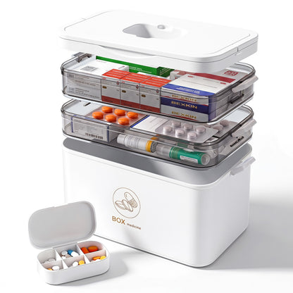 Asnews Large Medicine Organizer Box With Free Travel Pill Case – Portable First Aid Kit, Clear Medicine Storage With Handle & Secure Latch For Home
