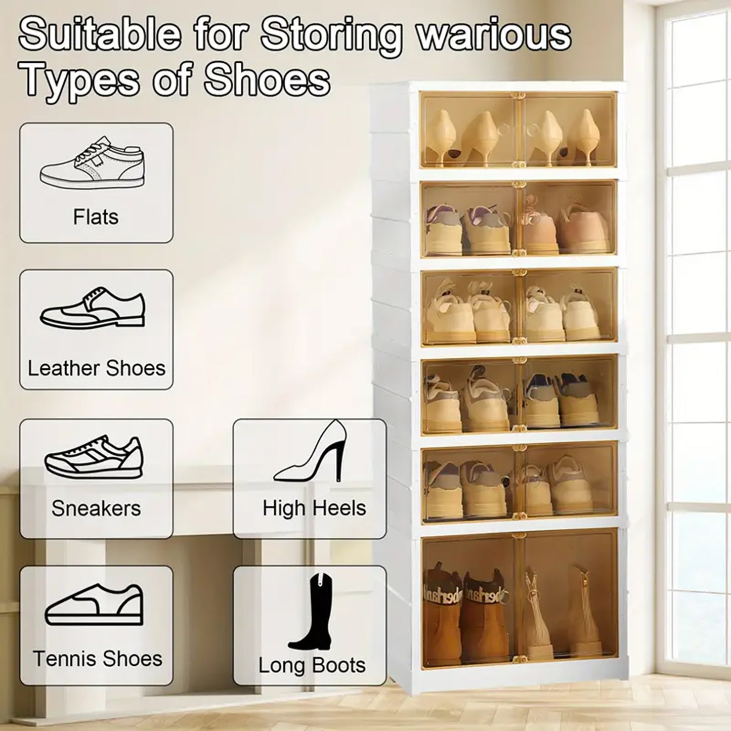 Asnews 3/6/9-Tier Foldable Shoe Organizer Storage Box, Portable Shoes Storage Cabinet with Cover, Magnetic Clear Door