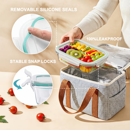 YHIPL 8-Pack Glass Storage Container Set with Snap Airtight Lids for Microwave, Freezer and Dishwasher Safe, Leak Proof Glass Lunch Boxes, Blue&Green