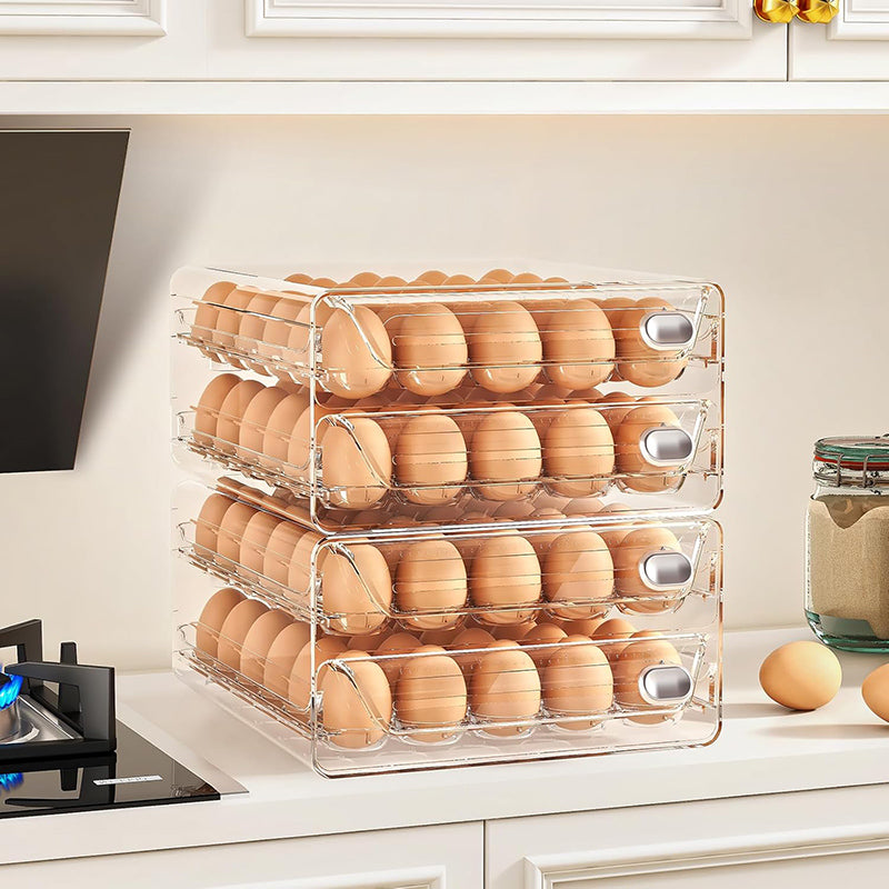 YHIPL Clear Stackable Egg Holder for Fridge – BPA-Free Egg Organizer Tray with Lid, Handles & Rotating Timer