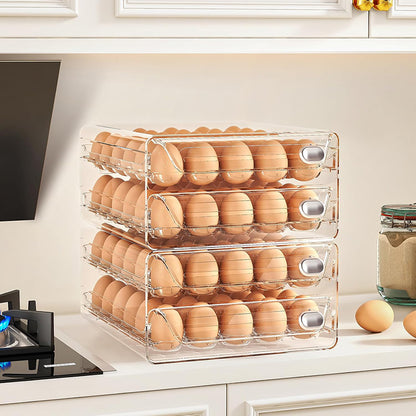 YHIPL Clear Stackable Egg Holder for Fridge – BPA-Free Egg Organizer Tray with Lid, Handles & Rotating Timer