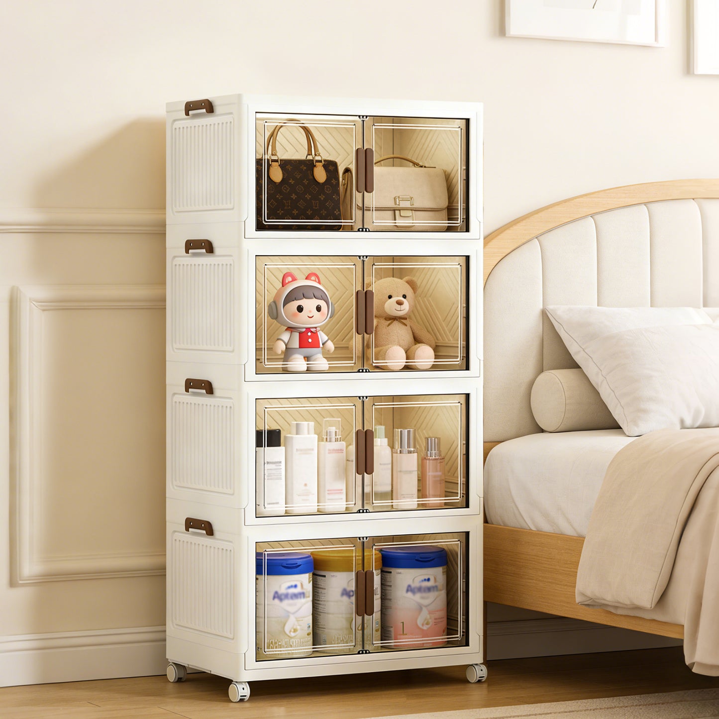 YHIPL Stackable Storage Bins with Lids & Magnetic Doors,  Foldable Storage Cabinet with Wheels, Transparent Plastic Storages Drawers for Bedrooms, Living Rooms, and Studies