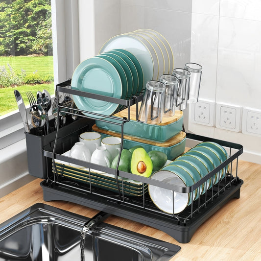 Asnews 2-Tier Kitchen Dish Drying Rack, Stainless Steel Large Capacity Dish Rack With Utensil Holder & Cutting Board Slot, Space-Saving Racks For Kitchen Counter, Black