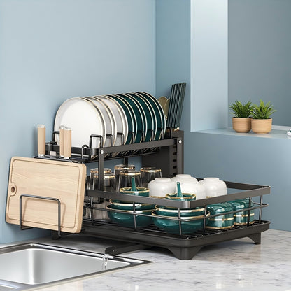 Asnews 2-Tier Kitchen Dish Drying Rack, Stainless Steel Large Capacity Dish Rack With Utensil Holder & Cutting Board Slot, Space-Saving Racks For Kitchen Counter, Black