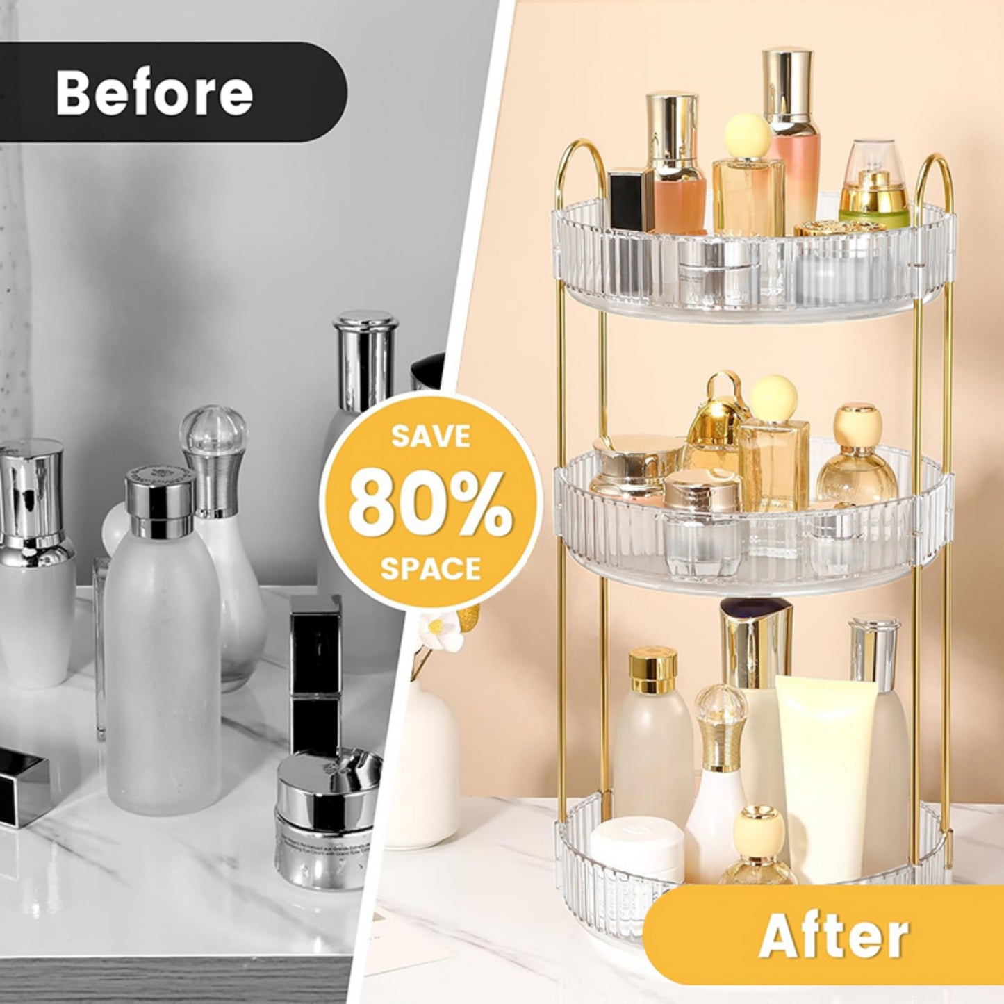 YHIPL 360° Rotating Adjustable Makeup Organizer, with Sturdy Metal Frame