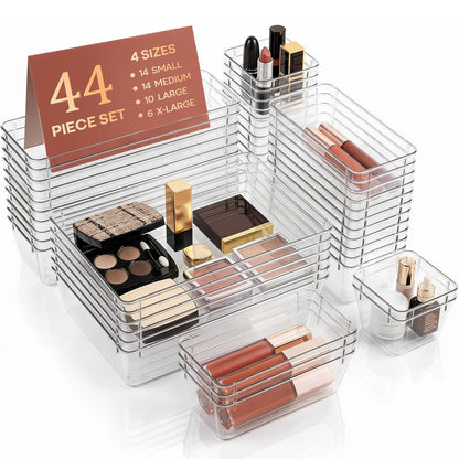 YHIPL 44 Pcs Plastic Drawer Organizers Set, Desk and Makeup Trays, Organizer Tray for Office & Bedroom, Bathroom