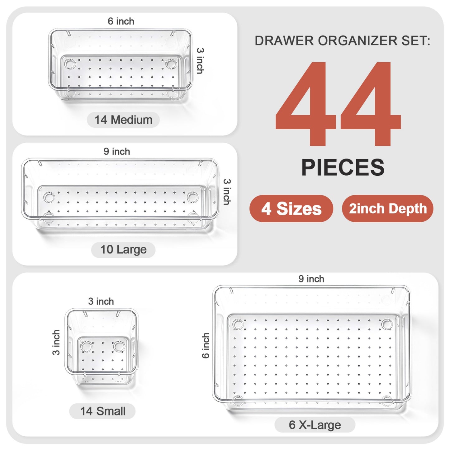 YHIPL 44 Pcs Plastic Drawer Organizers Set, Desk and Makeup Trays, Organizer Tray for Office & Bedroom, Bathroom