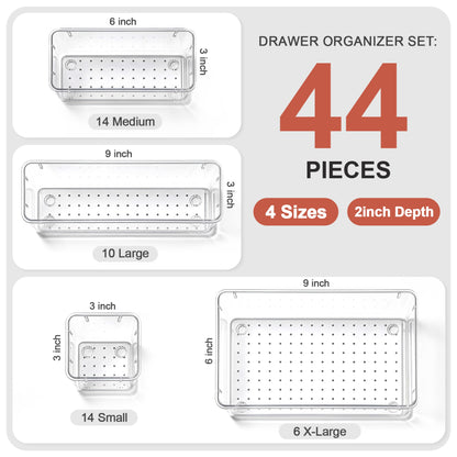 YHIPL 44 Pcs Plastic Drawer Organizers Set, Desk and Makeup Trays, Organizer Tray for Office & Bedroom, Bathroom