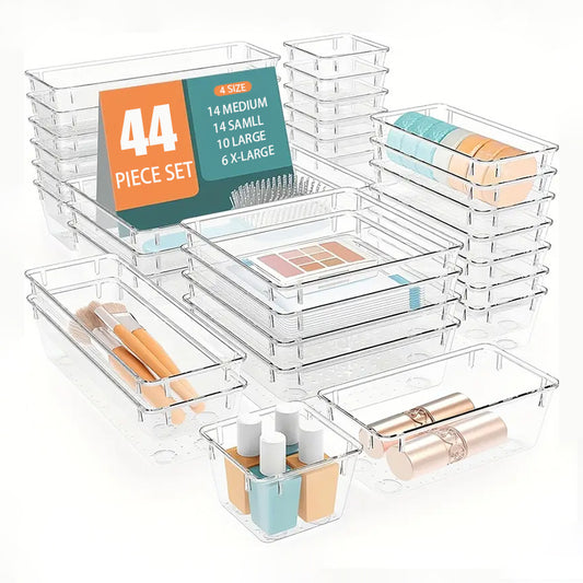 Asnews Plastic Drawer Organizers Set, Multiple Vanity Organizer, Makeup and Desk Drawer Organizer Trays, Organization and Storage for Makeup, Bathroom, Kitchen Utensils and Office