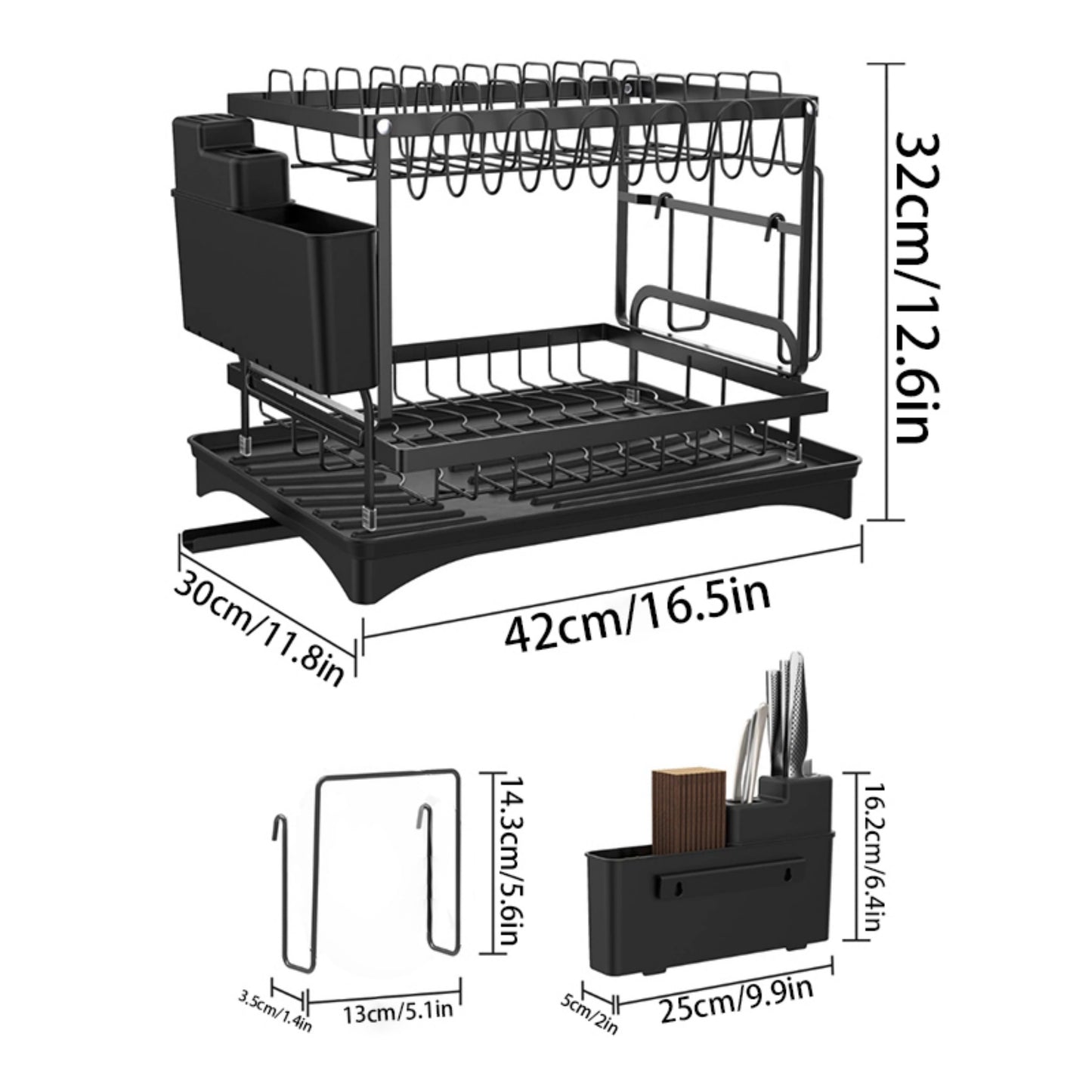 CFQNI 2-Tier Kitchen Dish Drying Rack, Carbon Steel Large Capacity Dish Rack With Cutlery Rack, Cutting Board Sink, and Cup Holder, Saves Space, Suitable for Kitchen Countertops, Black