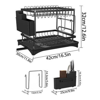 CFQNI 2-Tier Kitchen Dish Drying Rack, Carbon Steel Large Capacity Dish Rack With Cutlery Rack, Cutting Board Sink, and Cup Holder, Saves Space, Suitable for Kitchen Countertops, Black