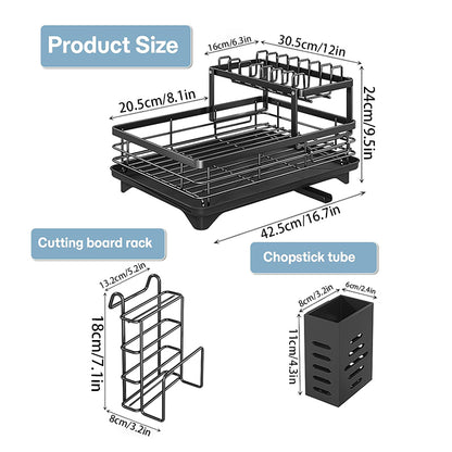 CFQNI 2-Tier Kitchen Dish Drying Rack, Carbon Steel Large Capacity Dish Rack With Cutlery Rack and Cutting Board Slot, Saves Space, Suitable for Kitchen Countertops, Black