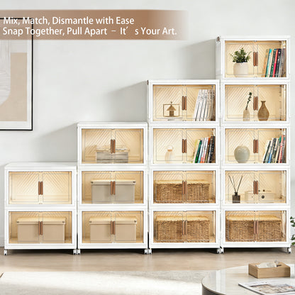 YHIPL Stackable Storage Bins with Lids & Magnetic Doors,  Foldable Storage Cabinet with Wheels, Transparent Plastic Storages Drawers for Bedrooms, Living Rooms, and Studies