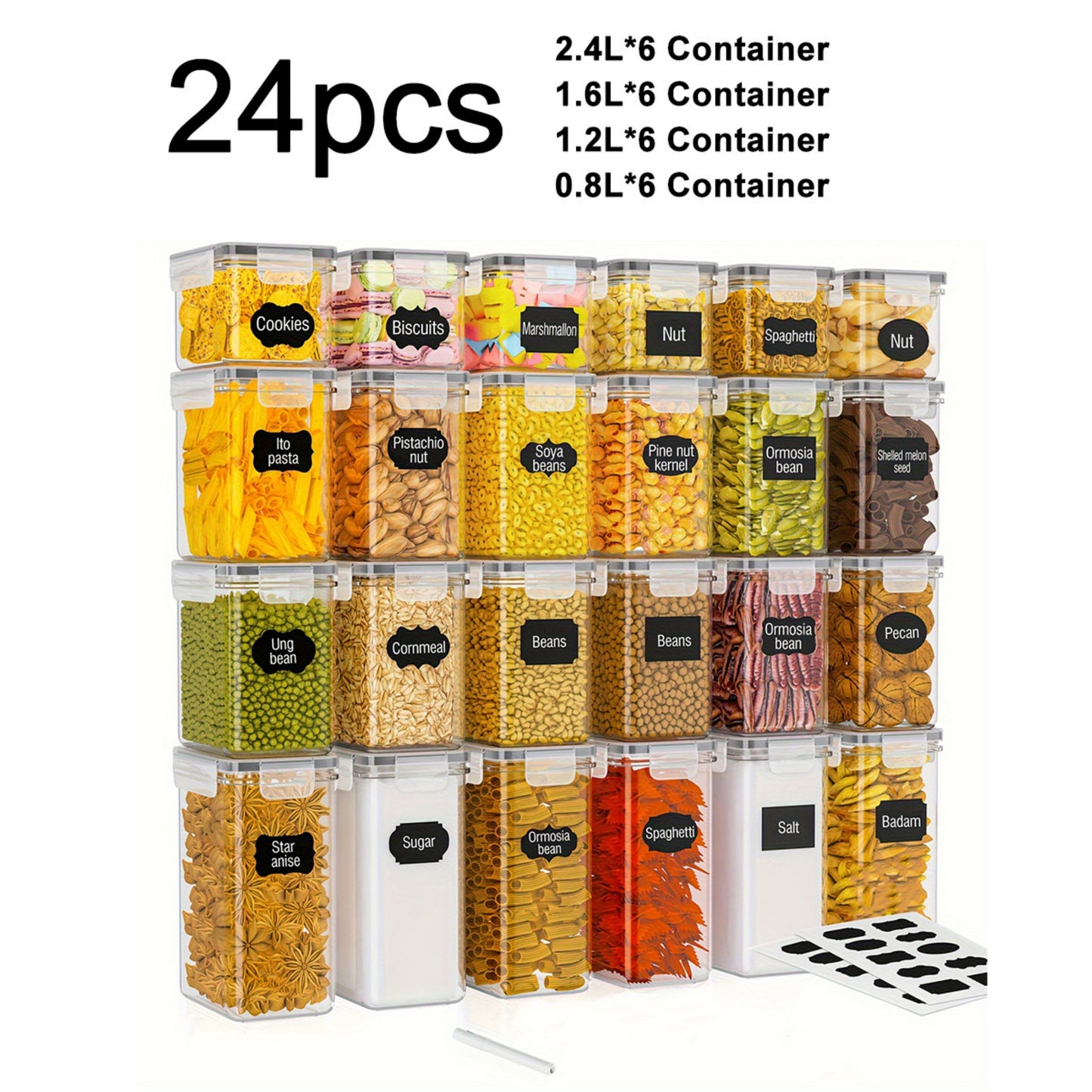 YHIPL 24 PCS Airtight Food Storage Containers with Lids, Kitchen Storage Container for Cereal, Dry Food, Flour and Sugar, BPA-Free, Includes 24 Labels