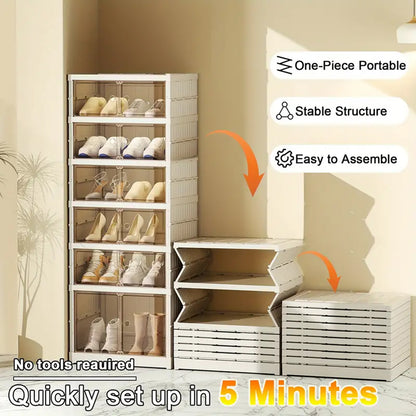 Asnews 3/6/9-Tier Foldable Shoe Organizer Storage Box, Portable Shoes Storage Cabinet with Cover, Magnetic Clear Door