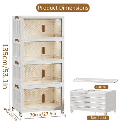 YHIPL Stackable Storage Bins with Lids & Magnetic Doors,  Foldable Storage Cabinet with Wheels, Transparent Plastic Storages Drawers for Bedrooms, Living Rooms, and Studies