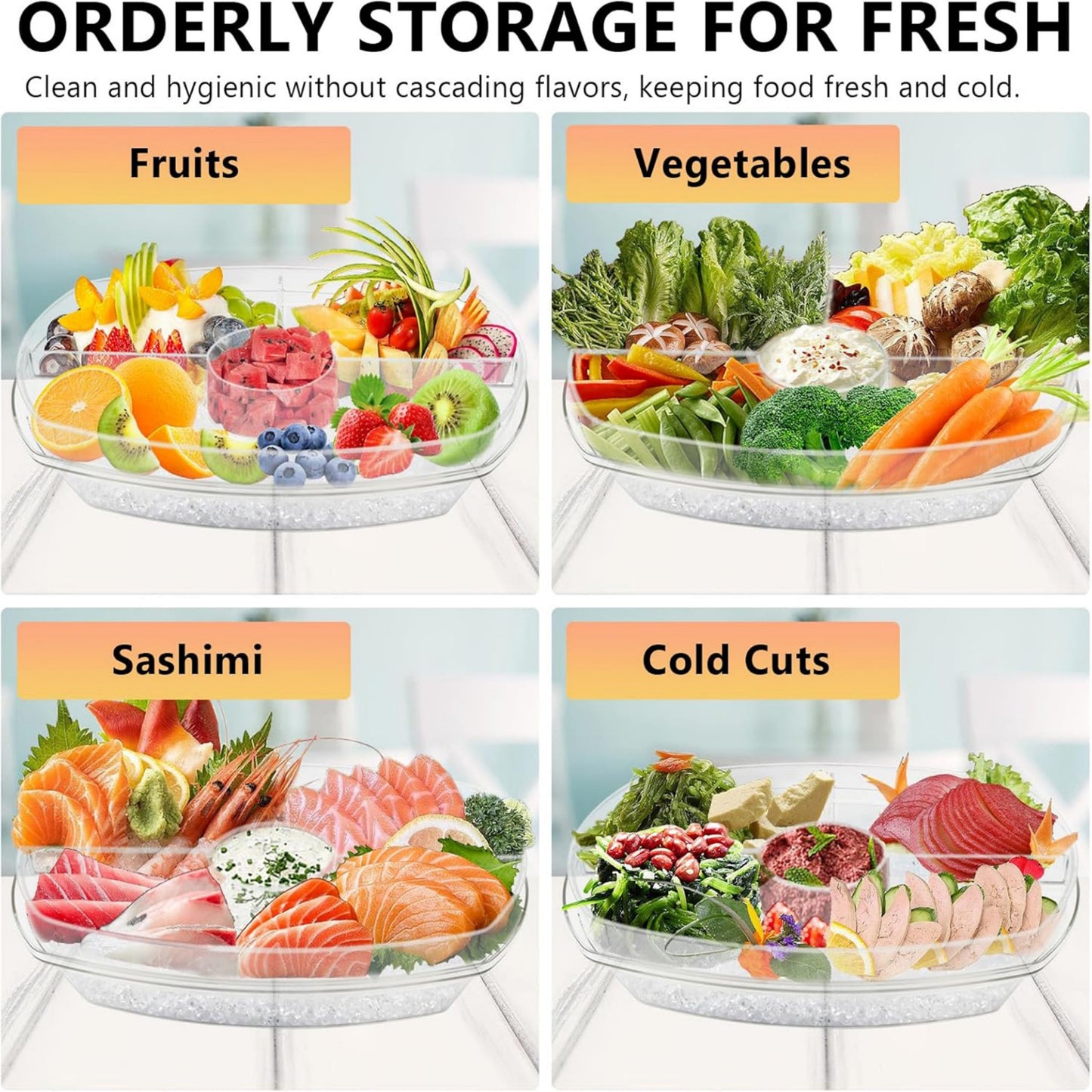 YHIPL 4-Compartment Chilled Serving Tray with Lid – Clear Party Platter for Cold Food, Buffet Server for Fruit, Veggies & Appetizers