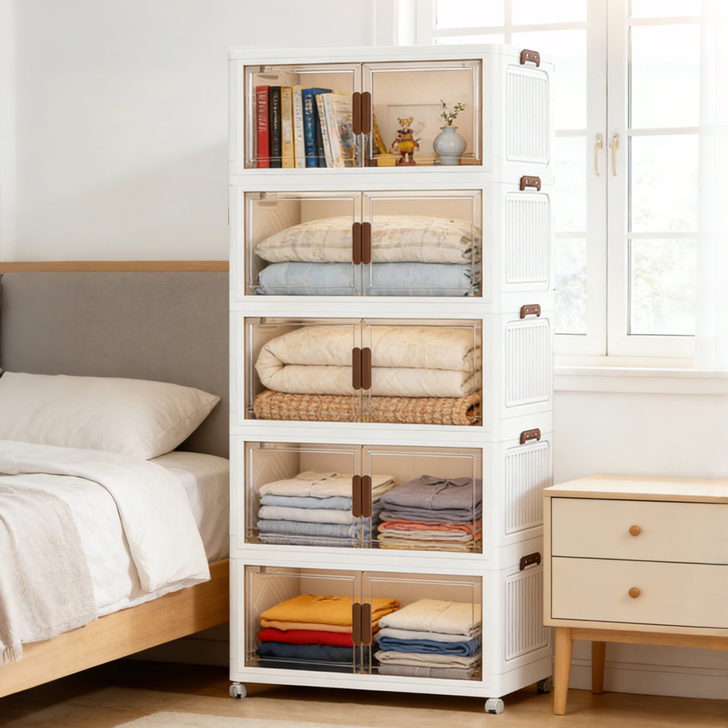 YHIPL Stackable Storage Bins with Lids & Magnetic Doors,  Foldable Storage Cabinet with Wheels, Transparent Plastic Storages Drawers for Bedrooms, Living Rooms, and Studies