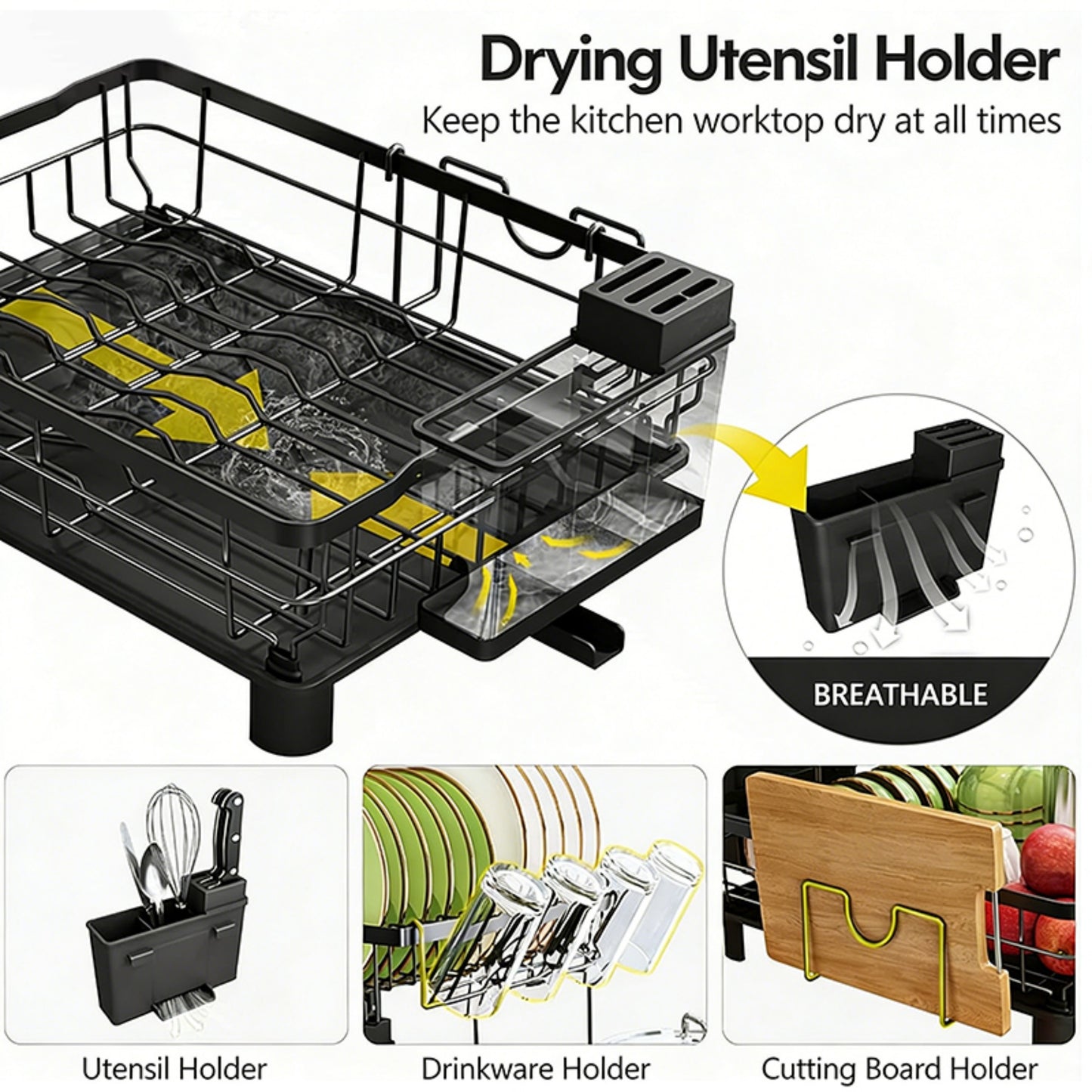 CFQNI 2-Tier Kitchen Dish Drying Rack, Carbon Steel Large Capacity Dish Rack With Cutlery Rack, Cutting Board Sink, and Cup Holder, Saves Space, Suitable for Kitchen Countertops, Black