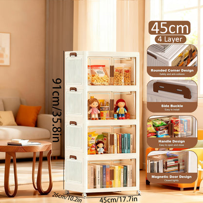 Asnews  Stackable Storage Bins with Lids & Magnetic Doors, Foldable Storage Cabinet with Wheels, Transparent Plastic Storages Drawers for Bedrooms, Living Rooms, and Studies