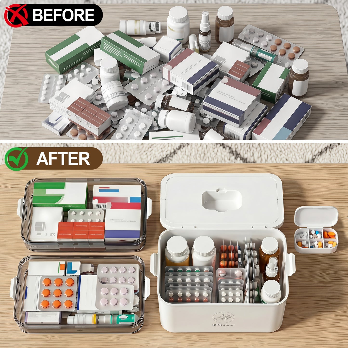 Asnews Large Medicine Organizer Box With Free Travel Pill Case – Portable First Aid Kit, Clear Medicine Storage With Handle & Secure Latch For Home