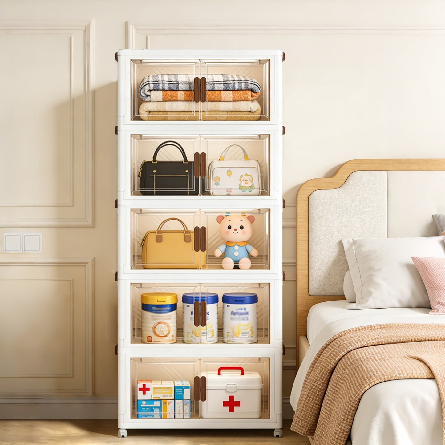 YHIPL Stackable Storage Bins with Lids & Magnetic Doors,  Foldable Storage Cabinet with Wheels, Transparent Plastic Storages Drawers for Bedrooms, Living Rooms, and Studies
