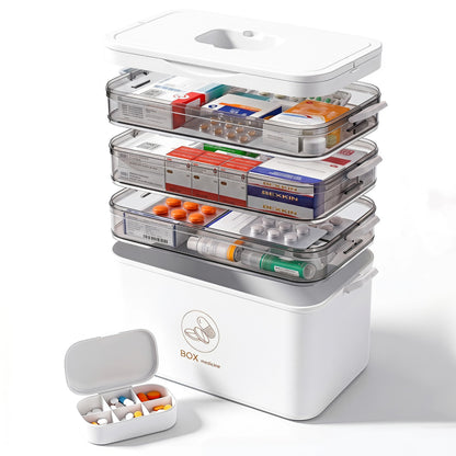 Asnews Large Medicine Organizer Box With Free Travel Pill Case – Portable First Aid Kit, Clear Medicine Storage With Handle & Secure Latch For Home