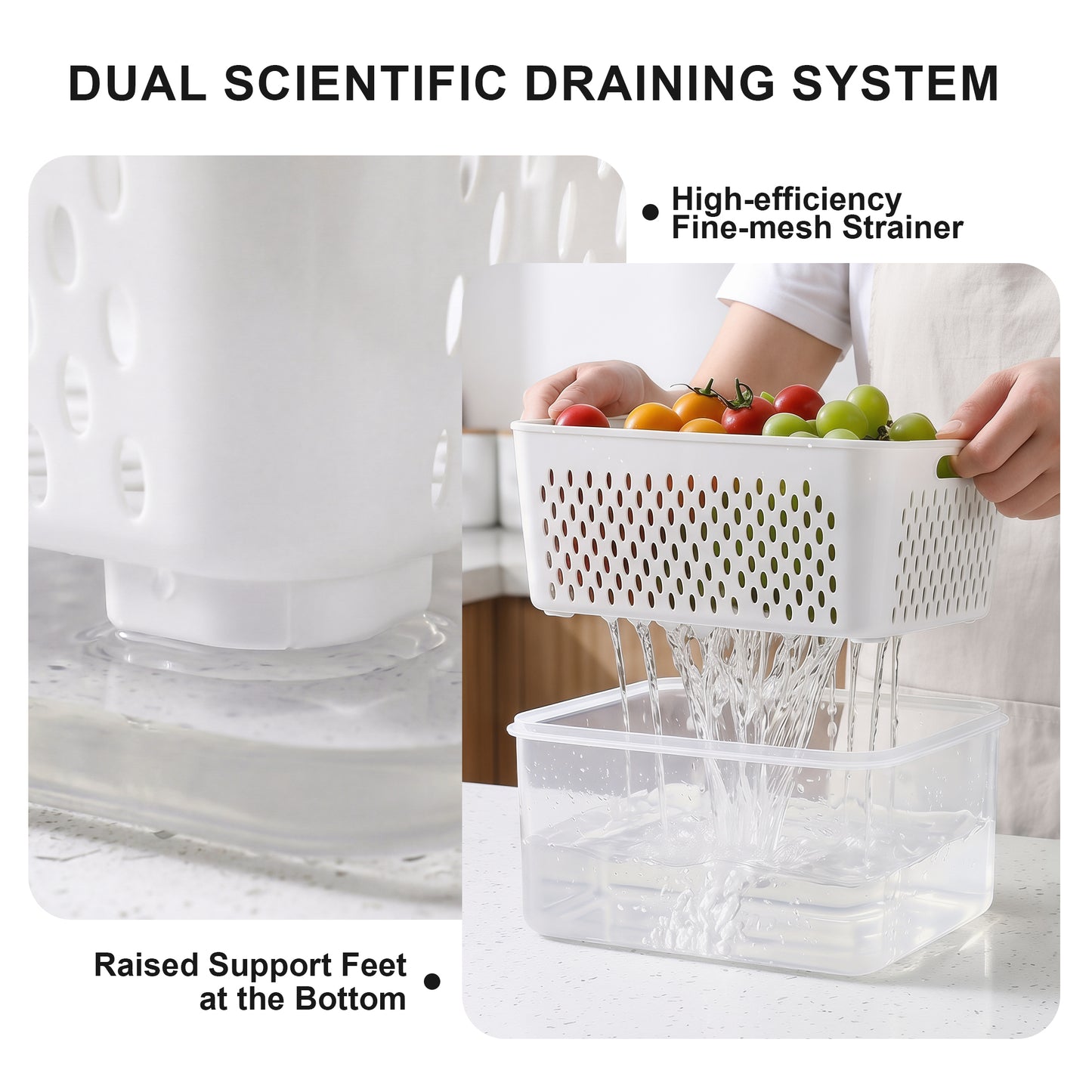 YHIPL 3 Pcs Large Fruit Storage Containers, Airtight Fridge Bins with Removable Colanders, Dishwasher & microwave safe, Clear, 3 Pack (Large)