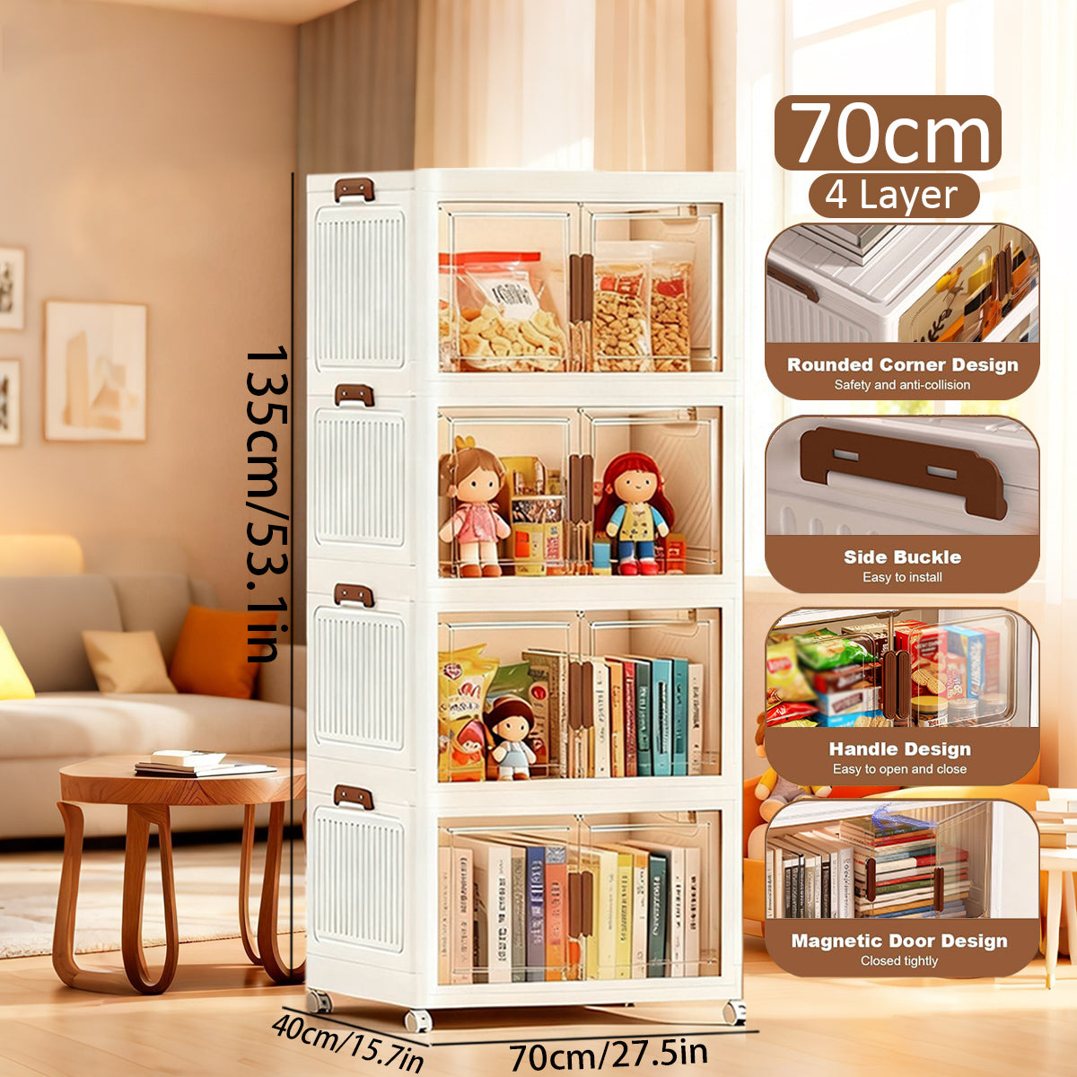 Asnews  Stackable Storage Bins with Lids & Magnetic Doors, Foldable Storage Cabinet with Wheels, Transparent Plastic Storages Drawers for Bedrooms, Living Rooms, and Studies