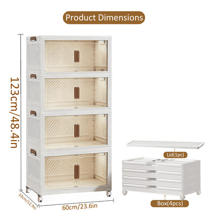 YHIPL Stackable Storage Bins with Lids & Magnetic Doors,  Foldable Storage Cabinet with Wheels, Transparent Plastic Storages Drawers for Bedrooms, Living Rooms, and Studies