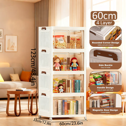 Asnews  Stackable Storage Bins with Lids & Magnetic Doors, Foldable Storage Cabinet with Wheels, Transparent Plastic Storages Drawers for Bedrooms, Living Rooms, and Studies