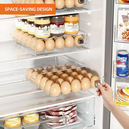 YHIPL Clear Stackable Egg Holder for Fridge – BPA-Free Egg Organizer Tray with Lid, Handles & Rotating Timer